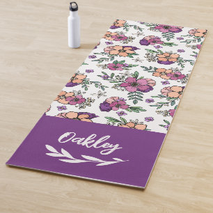 Purple Peach Flowers Name in Brush script Yoga Mat