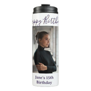 purple peach happy 15th birthday photo name year t thermal tumbler