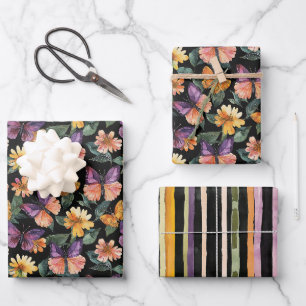 Purple Peach Pink Butterflies Flowers Birthday Wrapping Paper Sheet
