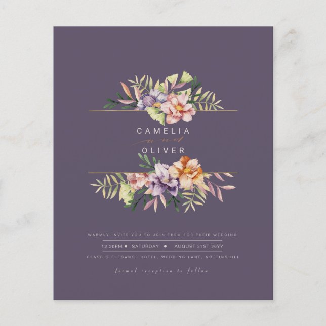 Purple Peach Summer Floral Wedding Invite QR Code Flyer (Front)