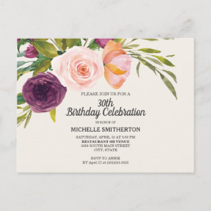 Purple Peach Watercolor Floral Ivory 30th Birthday Postcard