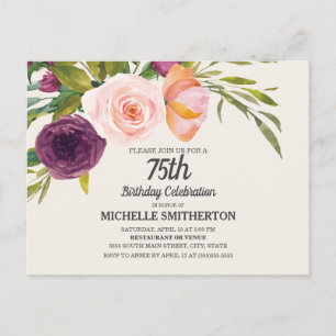 Purple Peach Watercolor Floral Ivory 75th Birthday Postcard