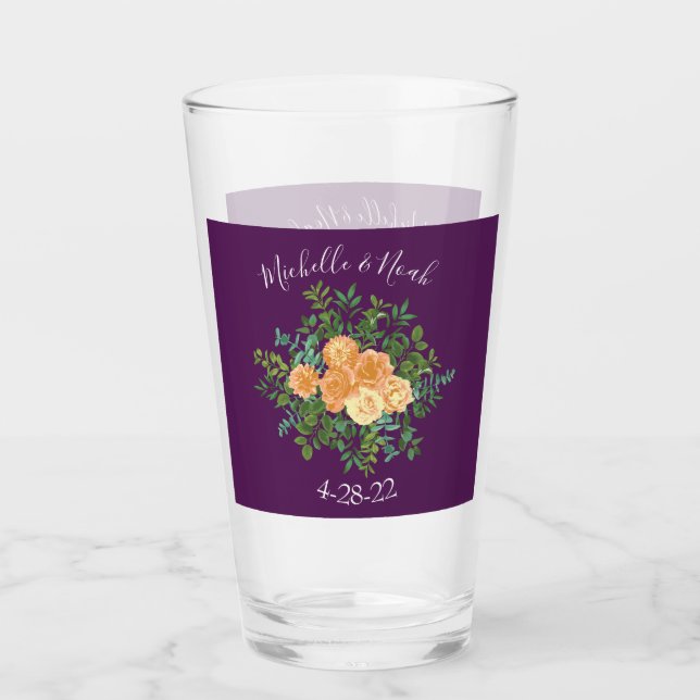 Purple Peach Wedding Floral Roses Glass (Front)