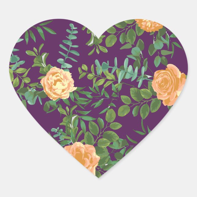 Purple Peach Wedding Floral Roses Heart Sticker (Front)