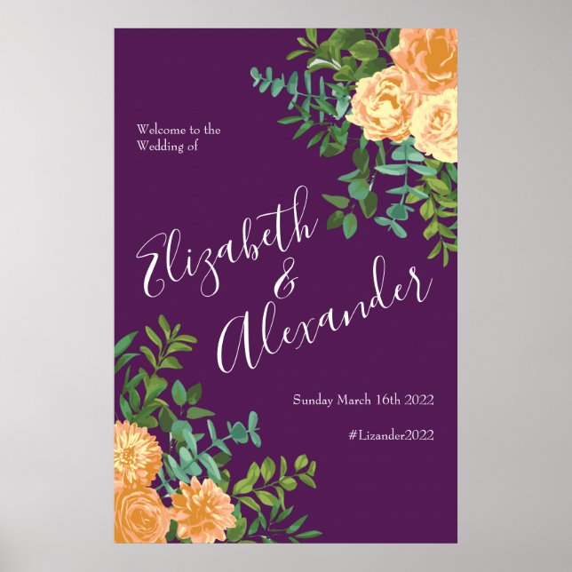 Purple Peach Wedding Floral Roses Poster (Front)