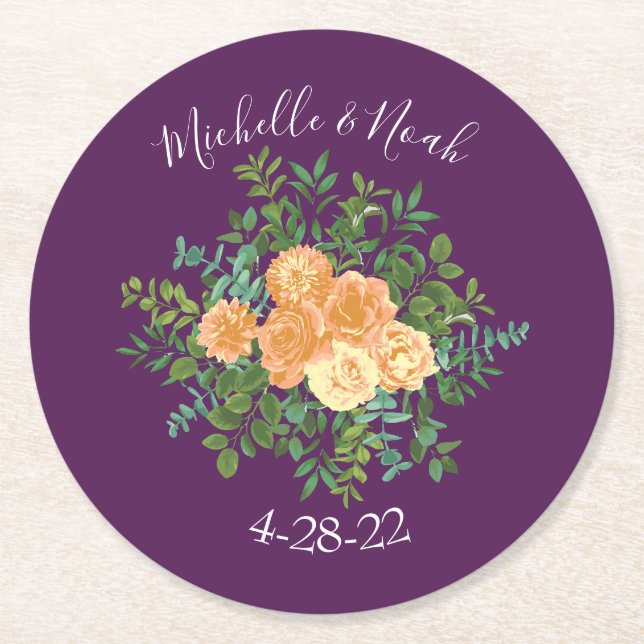Purple Peach Wedding Floral Roses Round Paper Coaster (Front)