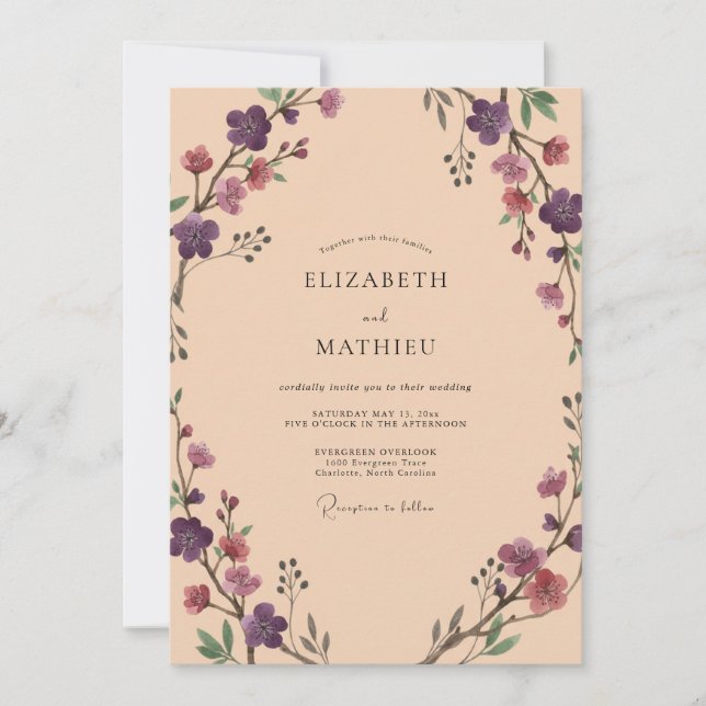 Purple Peachy Floral Romance Wedding Invitation (Front)
