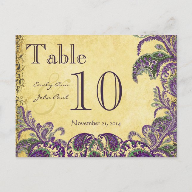 Purple Peacock Colours Paisley Wedding Table Numbe Postcard (Front)