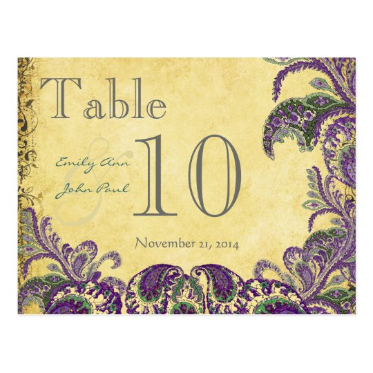 Purple Peacock Colours Paisley Wedding Table Postcard