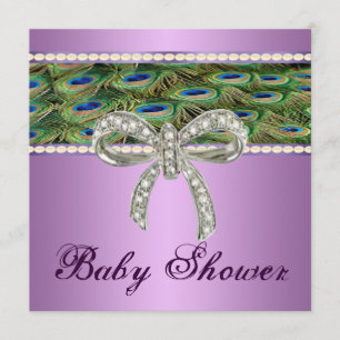 Purple Peacock Diamond Bow Baby Shower Invitation