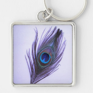 Purple Peacock Feather on Purple Large Premium Key Ring