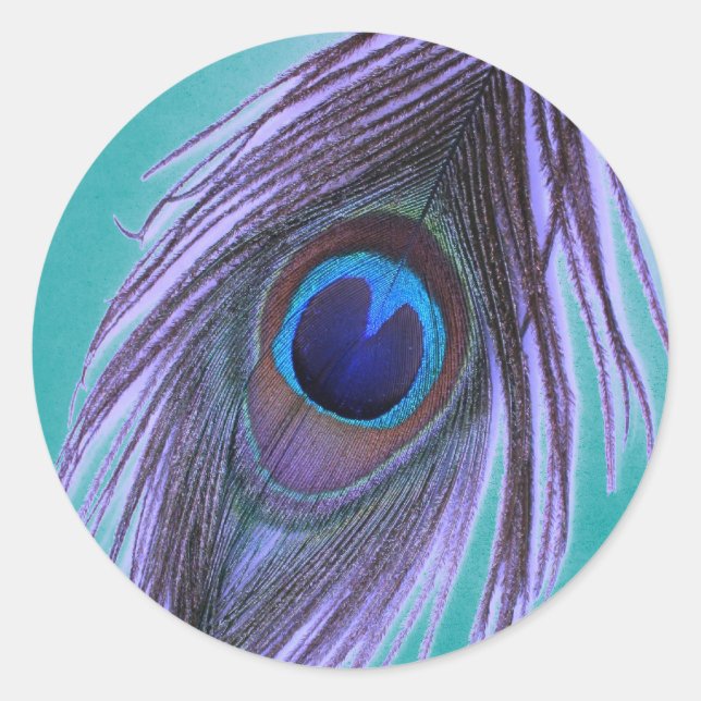 Purple Peacock Feather on Teal Classic Round Sticker (Front)