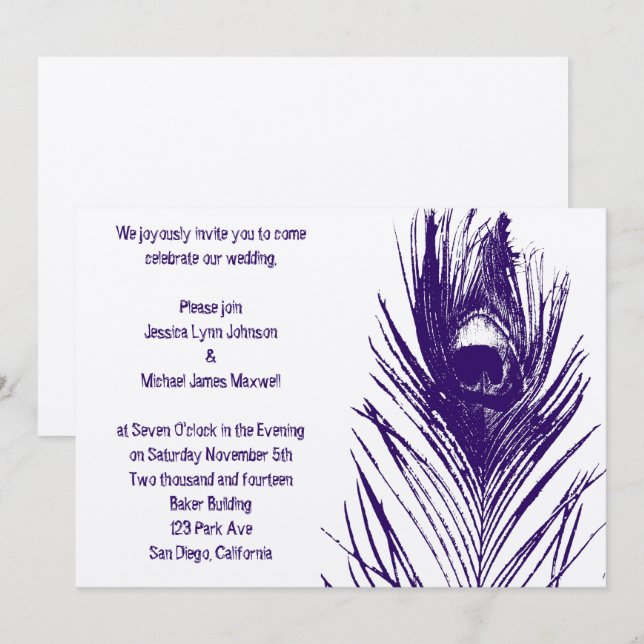 Purple Peacock Feather Wedding Invitation (Front/Back)