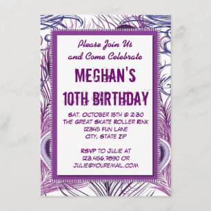 Purple Peacock Feathers Birthday Party Invitations