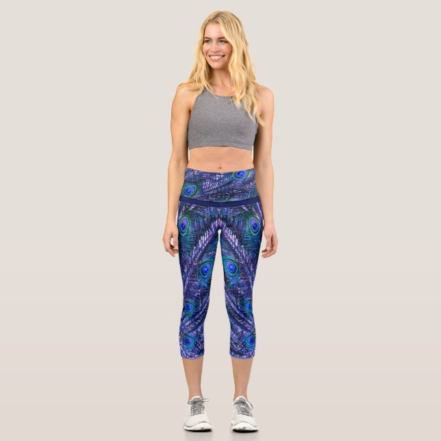 Purple Peacock Feathers Capri Leggings (Front)