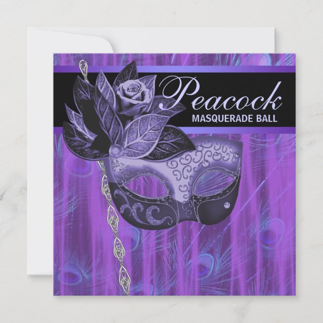 Purple Peacock Feathers Masquerade Party Invitation (Front)