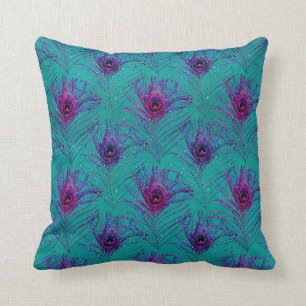 Purple Peacock Feathers on Teal Cushion