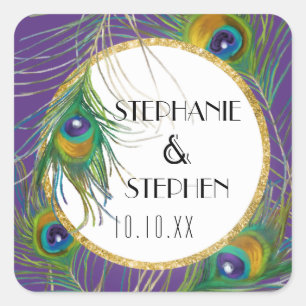 Purple Peacock Feathers w Gold Faux Glitter Seals