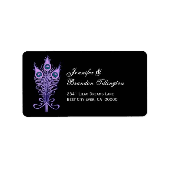 Purple Peacock Feathers Wedding Address Label