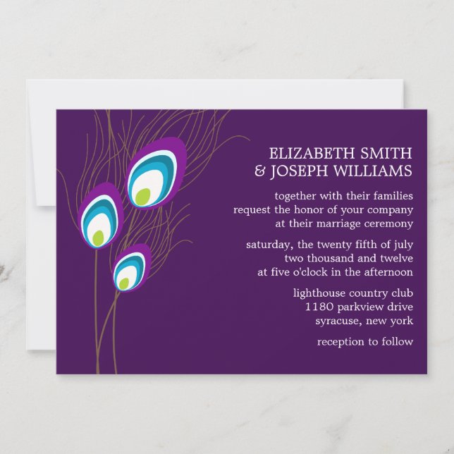 Purple Peacock Feathers Wedding Invitation (Front)
