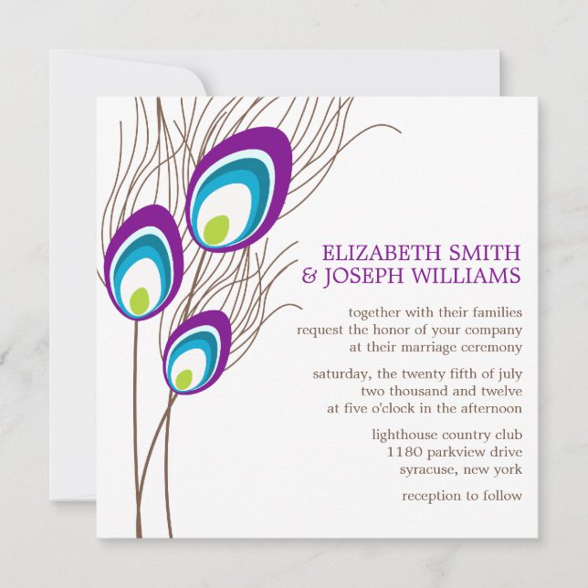 Purple Peacock Feathers Wedding Invitation (Front)