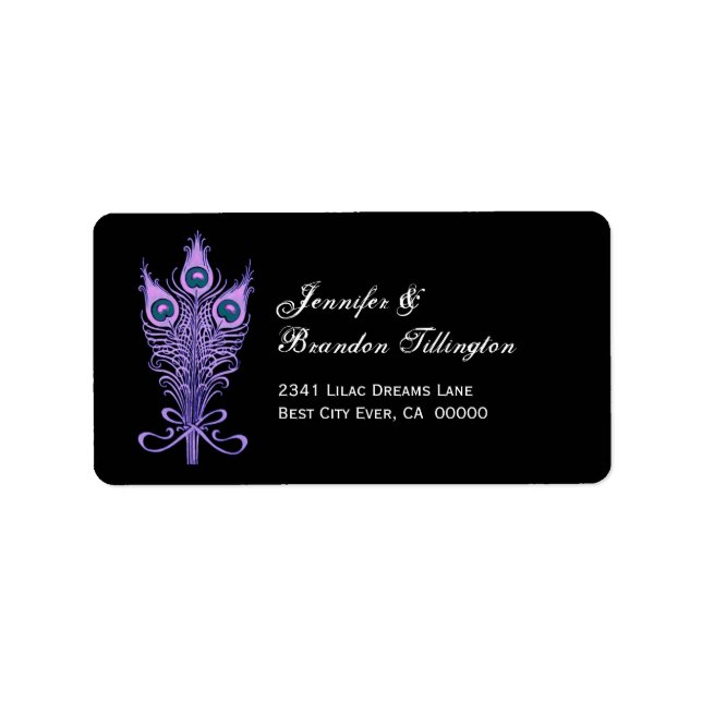 Purple Peacock Feathers Wedding Label (Front)