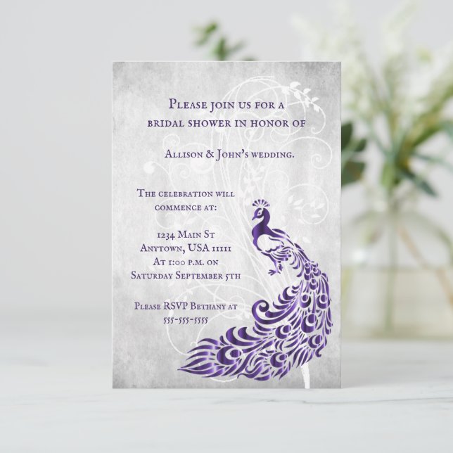 Purple Peacock Leaf Vine Bridal Shower Invite (Standing Front)