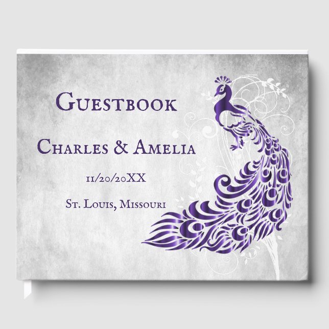 Purple Peacock Leaf Vine Wedding Guestbook (Front)