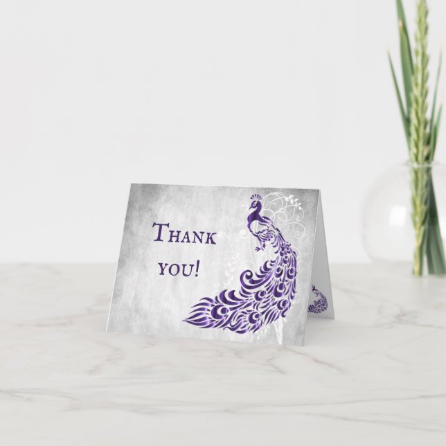 Purple Peacock Leaf Vine Wedding Thank You Cards (Front)