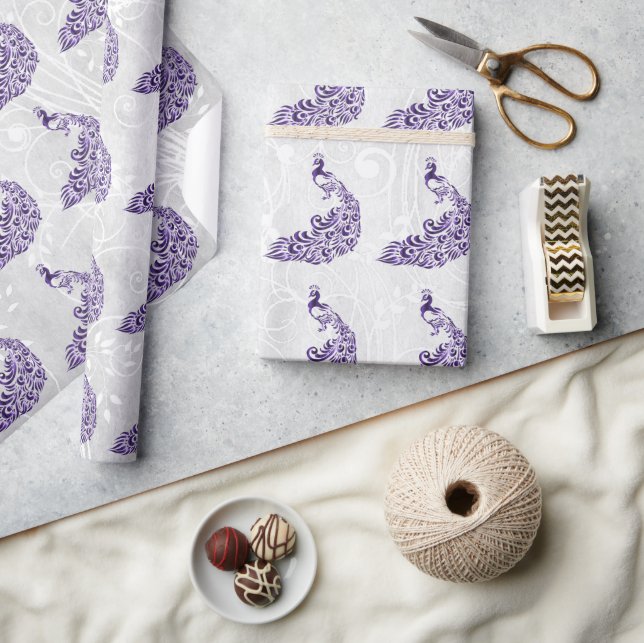 Purple Peacock Leaf Vine Wedding Wrapping Paper (Crafts)
