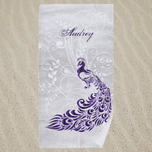 Purple Peacock Personalised Beach Towel