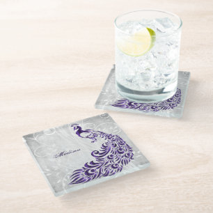 Purple Peacock Personalised Glass Coaster