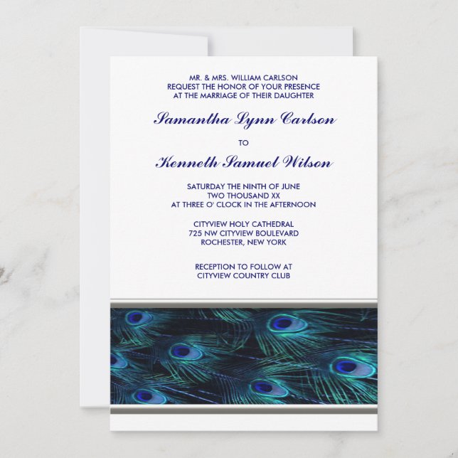 Purple Peacock Silver Trim Wedding Invitation (Front)