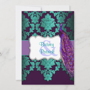 Purple Peacock & Teal Damask Wedding Invitations