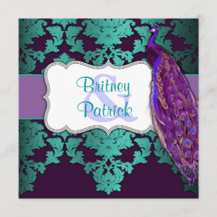 Purple Peacock & Teal Damask Wedding Invitations