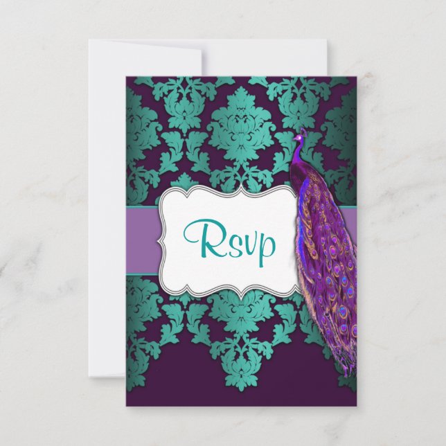 Purple Peacock & Teal Damask Wedding RSVP Cards (Front)