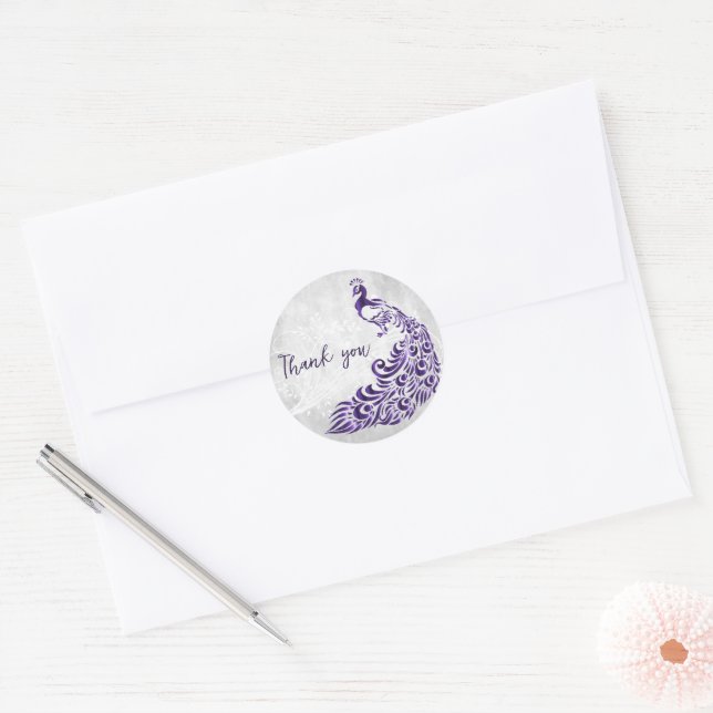 Purple Peacock Thank You Classic Round Sticker (Envelope)