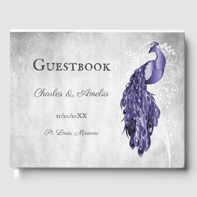 Purple Peacock Wedding Guest Book (Front)