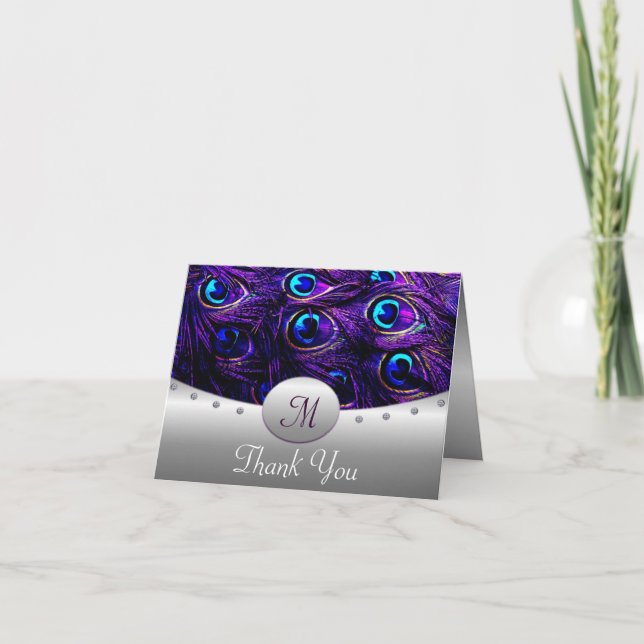 Purple Peacock Wedding Thank You Cards (Front)