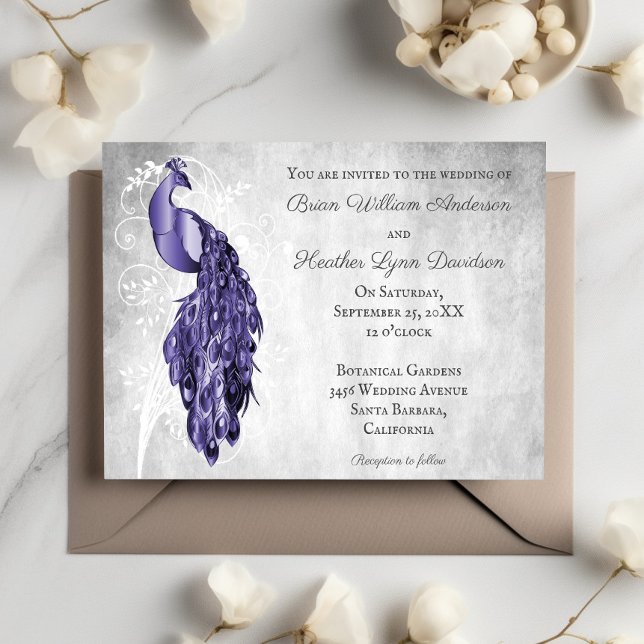 Purple Peacock White Botanical Wedding Invitation (Creator Uploaded)