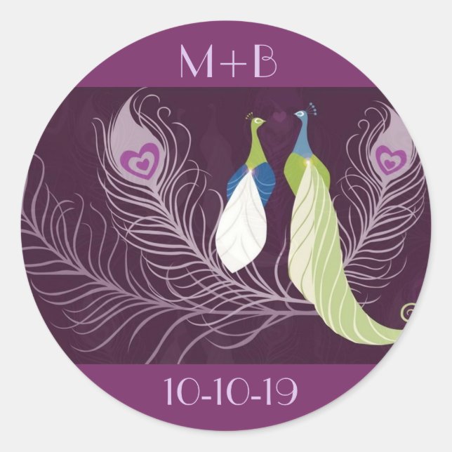Purple Peacocks Pair Wedding Anniversary Custom Classic Round Sticker (Front)