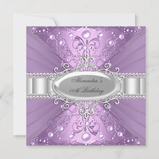 Purple Pearl & Diamond Damask Birthday Invitation (Front)