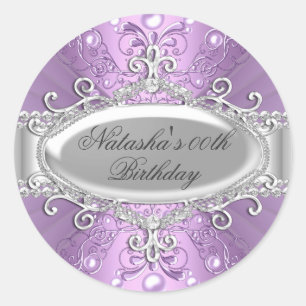 Purple Pearl & Diamond Damask Birthday Sticker