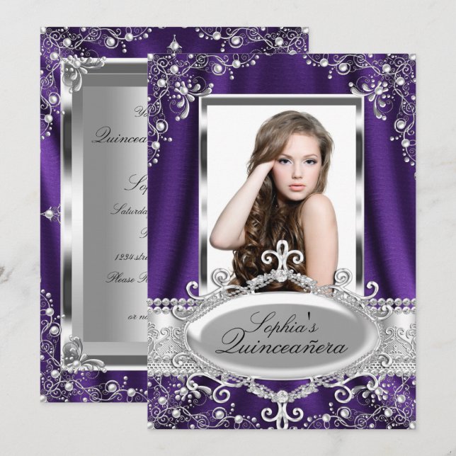 Purple Pearl Silk Vintage Glamour Quinceanera Invitation (Front/Back)
