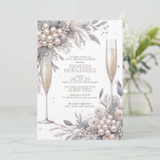 Purple Pearls and Prosecco Bridal Shower Invitation (Standing Front)