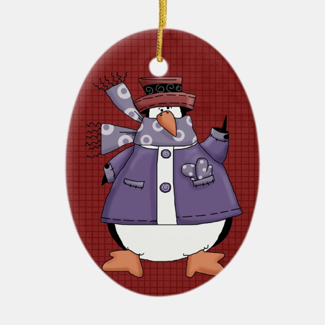 Purple Penguin Ceramic Christmas Ornament (Front)