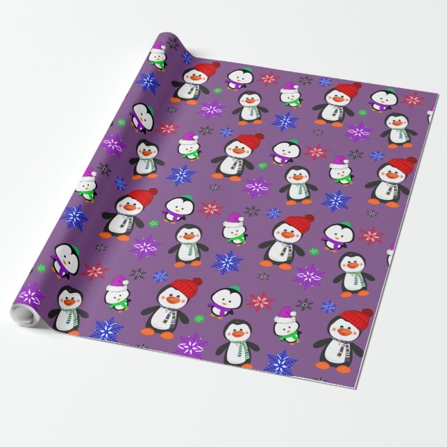 Purple Penguins and Snowflakes Cute Christmas Wrapping Paper (Unrolled)