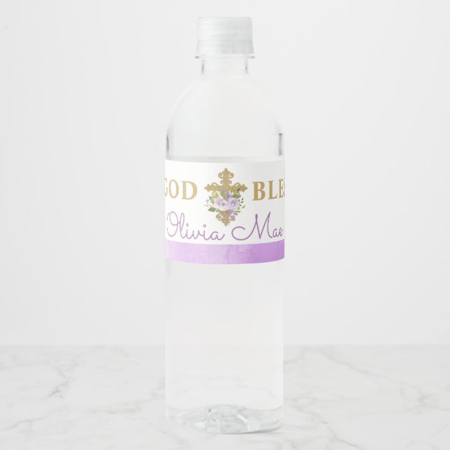Purple Peonies Baptism Water Bottle Labels (Front)