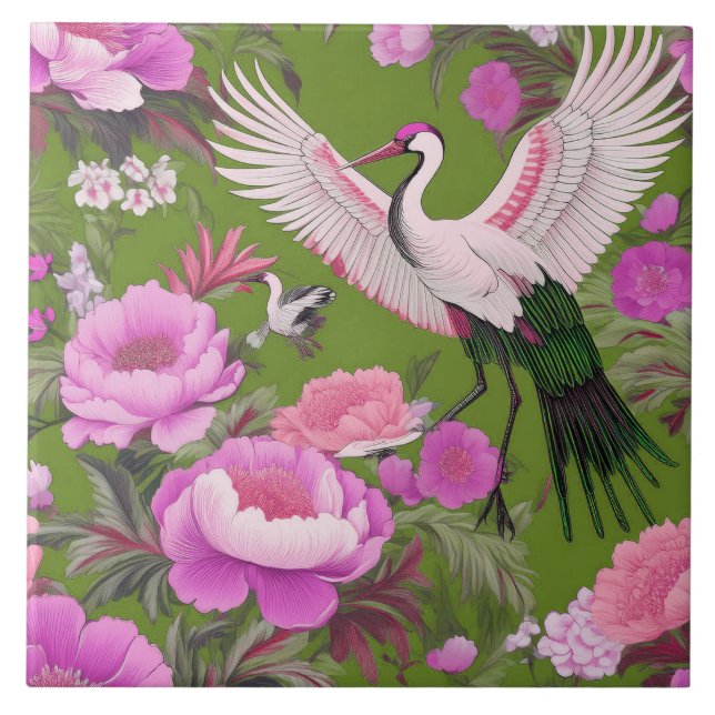 Purple peonies & Crane on Olive Green Chinoiserie  Tile (Front)