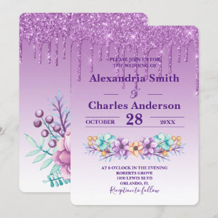 Purple Peonies Dripping Glitter Wedding Invitation